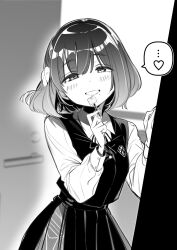  1girl commentary_request doorway flower gakuen_idolmaster greyscale hair_flower hair_ornament hataya_misuzu hatsuboshi_gakuen_school_uniform heart highres idolmaster looking_at_viewer mole mole_under_mouth monochrome nikumaru school_uniform short_hair skirt smile solo spoken_heart 