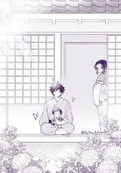  1boy 1girl 1other alternate_costume alternate_hair_length_(shorter) alternate_universe baby bug building butterfly closed_eyes commentary_request family floral_print floral_print_kimono full_body good_end greyscale gysn_hihihi3 if_they_mated indian_style japanese_clothes kimetsu_no_yaiba kimono kochou_shinobu long_sleeves looking_at_another monochrome no_mouth notice_lines outdoors parted_bangs plant print_kimono short_hair sidelocks sitting sitting_on_person tomioka_giyuu twitter_username wide_sleeves 