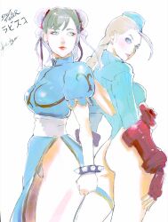  2girls absurdres ahoge ass back-to-back blonde_hair blue_eyes blue_leotard bracelet braid brown_hair bun_cover cammy_white chinese_clothes chun-li clothing_cutout double_bun dress fingerless_gloves garrison_cap gloves hair_bun hat highres huge_ahoge jewelry leotard long_hair missing_legwear multiple_girls nanami01697712 pelvic_curtain qipao sash spiked_bracelet spikes street_fighter thong thong_leotard twin_braids 