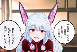  1girl blunt_tresses brown_eyes commentary_request floating_headgear hair_ribbon headgear highres kantai_collection leaning_forward long_hair looking_at_viewer murakumo_(kancolle) murakumo_kai_ni_(kancolle) necktie red_necktie red_ribbon ribbon shouhou-san_daisuki_teitoku smile tress_ribbon upper_body white_hair 