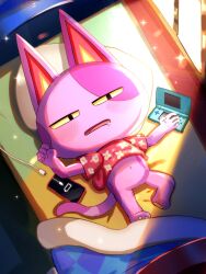  1boy absurdres animal_crossing animal_crossing:_new_horizons animal_feet blanket bob_(animal_crossing) cellphone charger colored_sclera commentary_request floral_print floral_print_shirt handheld_game_console highres kurorinamori lying navel nintendo_3ds on_back on_bed phone pillow print_shirt shirt smartphone solo window yellow_sclera 