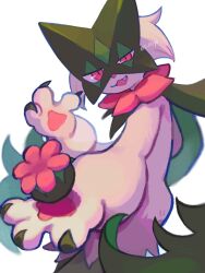  animal_focus body_fur claws commentary dande_lion2604 fang green_fur highres looking_at_viewer mask meowscarada no_humans open_mouth pink_eyes pokemon pokemon_(creature) pokemon_focus simple_background smile solo tail twitter_username two-tone_fur white_background 
