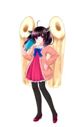  1girl absurdres ahoge black_pantyhose blunt_bangs brown_hair buttons cardigan dress edomura_niniko frilled_dress frills full_body handheld_game_console headgear highres holding holding_handheld_game_console kiritanpo_(food) long_sleeves looking_at_viewer medium_hair nintendo_switch official_art open_cardigan open_clothes orange_cardigan pantyhose parted_lips pink_dress pink_eyes pleated_dress red_shoes second-party_source shoes simple_background sleeves_past_wrists solo standing touhoku_kiritan transparent_background twintails voiceroid 