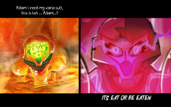  1girl armor assault_visor demonbloodpal flying_sweatdrops full_armor glowing glowing_eyes helmet highres lava letterboxed metroid metroid_ravenous multiple_views power_armor power_suit_(metroid) red_helmet samus_aran sweat 
