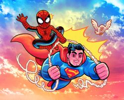  2boys animal_print bird black_hair blue_background blue_bodysuit blue_sky blue_theme bodysuit cape clark_kent clouds cloudy_sky dan_hipp dc_comics english_commentary flying full_body halftone halftone_background hand_on_another's_back male_focus marvel mask multicolored_bodysuit multiple_boys muscular muscular_male print_bodysuit red_background red_bodysuit red_cape red_mask red_sky red_theme short_hair short_sideburns sideburns signature silk sky spider-man spider-man_(original_suit) spider-man_(series) spider_print spider_web spider_web_print superhero_costume superman superman_(series) superman_logo toon_(style) two-tone_background two-tone_bodysuit two-tone_suit waving 