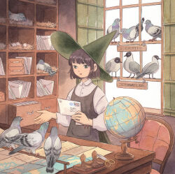  1girl absurdres bird black_hair brown_hair chair commentary desk drawer dress egg english_commentary envelope globe green_eyes green_hat hat heikala highres in_nest ink_stamp letter long_sleeves map nest original painting_(medium) pigeon pinafore_dress post_office postage_stamp scissors shirt short_hair sleeveless sleeveless_dress stamp_mark standing straight_hair traditional_media watercolor_(medium) wax_seal white_shirt window witch witch_hat 