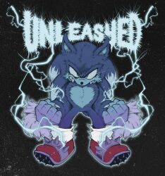  1boy animal_nose artfrommars99 black_nose blue_fur electricity fangs fingernails furry furry_male green_eyes hedgehog_boy highres red_shoes sharp_fingernails shoes sonic_(series) sonic_the_hedgehog sonic_the_werehog sonic_unleashed spiked_shoes spikes werehog 