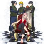  adult armchair bad_id breasts cleavage crossed_legs green_eyes haruno_sakura high_heels nail_polish naruto pimp pink_hair ponytail sai shoes sitting team7 uchiha_sasuke uzumaki_naruto 