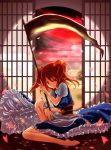  hair_bobbles hair_ornament highres kinokobatake large_breasts onozuka_komachi red_eyes red_hair scythe sunset touhou 