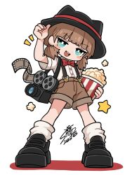  1girl black_hat black_shoes bow bowtie brown_hair brown_shorts commentary dated film_strip food full_body hand_on_headwear hat highres legs_apart looking_at_viewer open_mouth original popcorn popcorn_bucket puffy_short_sleeves puffy_sleeves red_bow red_bowtie shirt shoes short_sleeves short_twintails shorts signature smile solo standing star_(symbol) star_in_eye stoop_life suspenders symbol_in_eye twintails untranslatable_commentary video_camera white_shirt 