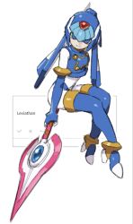  1girl android blue_eyes blue_gloves blue_helmet blue_shirt blue_thighhighs bodysuit buttons crop_top elbow_gloves fairy_leviathan_(mega_man) fingerless_gloves full_body gem gloves gold_trim helmet high_heels highres holding holding_polearm holding_weapon looking_at_viewer mega_man_(series) mega_man_zero_(series) nogo_(nogo_059) odaibako polearm red_gem request_inset shirt simple_background sitting sleeveless sleeveless_shirt smile solo spear thigh-highs weapon white_bodysuit 