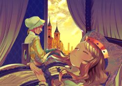  2girls bed brown_hair canopy_bed castle chair cheekbones closed_mouth clouds commentary_request crown dress eyelashes glasses hat hayasaka_mebawe light_particles long_hair mob_cap multiple_girls old old_woman on_bed overgrown pillow princess sitting sky sleeping_beauty_(fairy_tale) sleeping_beauty_(fairy_tale_character) wallpaper_(object) window wrinkled_skin yellow_dress yellow_sky 