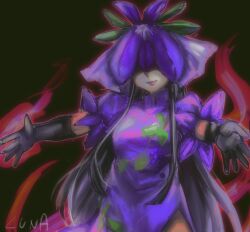  1girl black_background black_hair closed_mouth dress flower flower_as_hat flower_on_head food_print fruit_print grape_print highres lips long_hair long_sidelocks outstretched_arms pale_skin purple_dress purple_flower sidelocks signature sketch smile solo touhou upper_body vine_print yomotsu_hisami yuuki_(yuk) 