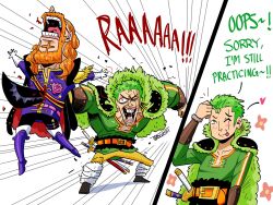 katana long_hair multiple_boys one_piece roronoa_zoro shepherd_sommers short_hair stabbed toadgashi