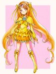  1girl boots brooch bubble_skirt capelet cure_muse_(yellow) heart jewelry kurochiroko long_hair magical_girl orange_hair precure red_eyes shirabe_ako solo suite_precure tiara very_long_hair 