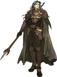  1boy arm_armor armor black_gloves black_pants blue_hair breastplate fire_emblem fire_emblem:_the_sacred_stones full_body gloves highres holding holding_polearm holding_weapon leg_armor long_hair long_sleeves looking_at_viewer official_art pants polearm purple_armor shoulder_armor solo transparent_background valter_(fire_emblem) wada_sachiko weapon 