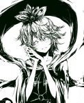  face green hair_ornament hands hands_clasped head_tilt highres messy_hair monochrome neichiru shawl short_hair simple_background smile solo toramaru_shou touhou white_background 