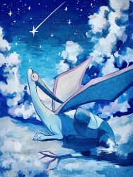  7_phi_3 blue_theme claws closed_eyes clouds cloudy_sky commentary dragon flygon green_wings highres looking_up lying no_humans on_stomach pokemon pokemon_(creature) pokemon_focus shooting_star sitting sky star_(sky) starry_sky tail wings 