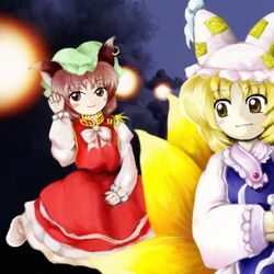  blonde_hair brown_eyes brown_hair chen danmaku light_particles lowres oota_jun'ya_(style) parody style_parody tntn touhou yakumo_ran 