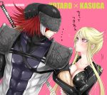  1girl blonde_hair breasts capcom couple fuuma_kotarou kasuga katana muscle ninja pink_eyes red_hair redhead sengoku_basara sword weapon 