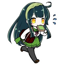  1girl absurdres ahoge bag black_thighhighs blush_stickers bread bread_slice brown_shoes chibi chibi_only edomura_niniko flying_sweatdrops food food_in_mouth full_body green_hair green_hairband green_sailor_collar green_skirt hairband hand_up highres late_for_school long_hair long_sleeves mouth_hold neck_ribbon official_art pink_ribbon pleated_skirt ribbon running sailor_collar school_bag school_uniform second-party_source serafuku shirt shoes simple_background skirt solo standing standing_on_one_leg thigh-highs toast toast_in_mouth touhoku_zunko transparent_background very_long_hair voiceroid white_shirt yellow_eyes zettai_ryouiki 