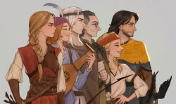  2girls 4boys angouleme arm_strap armor beard belt black_hair blonde_hair bow_(weapon) braid brown_belt brown_cloak brown_gloves brown_headband brown_shirt cahir cape chainmail cloak closed_mouth commentary emiel_regis facial_hair from_side geralt_of_rivia gloves grey_background grey_feathers grey_hair grin group_picture hair_over_shoulder hair_slicked_back half_chest_guard hand_on_own_hip hat hat_feather headband helmet holding holding_bow_(weapon) holding_lute holding_strap holding_unworn_helmet holding_weapon julian_alfred_pankratz light_blush lineup lips long_hair long_sleeves looking_ahead mature_male medium_hair milva_(the_witcher) multiple_boys multiple_braids multiple_girls pince-nez purple_hat purple_shirt red_headband red_tunic shirt simple_background single_braid smile smirk the_witcher_(series) tio-trile tunic unworn_headwear unworn_helmet weapon white_hair white_shirt winged_helmet yellow_cape 
