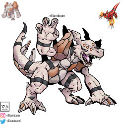  absurdres claws commentary crossover digimon digimon_(creature) dinosaur english_commentary extra_eyes fusion guilmon highres pokemon pokemon_(creature) regirock signature spikes teeth villiam_boom white_background wing_ears 