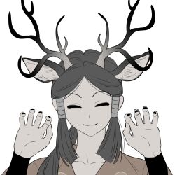  1boy animal_ears antlers black_eyes black_nails closed_mouth commentary_request deer_ears grey_hair hair_tubes haniwa_sekito highres horns mm_gu_kh portrait rakudai_ninja_rantarou simple_background solid_eyes solo white_background 