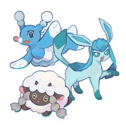  :d blue_eyes blue_fur blue_sclera bright_pupils brionne colored_sclera commentary_request dande_lion2604 dark_skin fang fluffy full_body glaceon highres horizontal_pupils looking_at_viewer no_humans open_mouth pink_nose pink_pupils pokemon pokemon_(creature) pokemon_focus sheep sidelocks simple_background smile tail twitter_username two-tone_fur white_background white_fur white_pupils wool wooloo yellow_sclera 