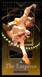 1girl absurdres ahoge animal_collar animal_ears blush bone_hair_ornament braid breasts brown_eyes brown_hair brown_tail card_(medium) cartoon_bone collar crossed_bangs dog_ears dog_girl dog_tail double-parted_bangs dress full_body hair_ornament highres hololive inugami_korone inugami_korone_(1st_costume) ishihara_(kuniyoshi) jacket long_hair looking_at_viewer low_twin_braids open_mouth platform_shoes red_collar red_socks shoes sidelocks smile socks solo star_(symbol) tail tarot tarot_(medium) the_emperor_(tarot) twin_braids virtual_youtuber white_dress yellow_jacket 