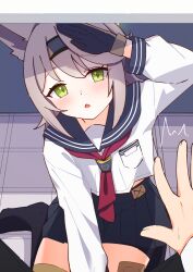  1boy 1girl animal_ears bandaged_leg bandages bike_shorts bike_shorts_under_skirt black_bike_shorts black_gloves black_pants black_socks blue_archive blue_sailor_collar blue_skirt blush breast_press commentary_request double-parted_bangs fox_ears fox_girl full_body fuyuka_natsuki gloves green_eyes green_halo grey_hair grey_headband hair_between_eyes halo headband highres kneehighs kneeling long_sleeves looking_at_viewer midriff_peek miniskirt neckerchief open_mouth otogi_(blue_archive) pants pleated_skirt pov red_neckerchief sailor_collar school_uniform sensei_(blue_archive) serafuku shirt skirt socks trembling under_table white_shirt 