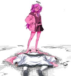  2girls black_halo black_skirt bleach bleach:_sennen_kessen-hen blue_archive blue_necktie collared_shirt commentary_request defeat full_body ganma_(nicoseiga52595768) halo hand_on_own_hip jacket koyuki_(blue_archive) long_hair long_sleeves looking_at_another looking_down lying meme miniskirt multiple_girls necktie on_stomach open_clothes open_jacket parody pink_hair pink_halo pleated_skirt poison_yuuka_(meme) puffy_long_sleeves puffy_sleeves purple_hair scene_reference school_uniform shirt simple_background skirt standing twintails two_side_up very_long_hair violet_eyes white_background white_jacket white_shirt yuuka_(blue_archive) 