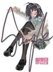  1girl ahoge awa_subaru black_hair black_pantyhose black_shoes blue_bow blue_bowtie blush bow bowtie chinese_commentary collared_shirt commentary_request girls_band_cry green_skirt hair_intakes hair_ornament hair_ribbon hairclip highres invisible_chair looking_at_viewer medium_hair mp3_player open_mouth pantyhose pleated_skirt ribbon sample_watermark school_uniform shaymas shirt shoes simple_background sitting skirt solo teeth thigh_strap upper_teeth_only v violet_eyes watermark white_background white_shirt 