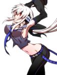  arms_behind_head arms_up breasts detached_sleeves face headphones headset jin_(artist) long_hair midriff navel necktie ponytail red_eyes sideboob silver_hair simple_background solo vocaloid voyakiloid yowane_haku 