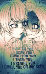  2boys absurdres aotsuki_eito english_text eye_contact eyelashes highres looking_at_another male_focus monochrome multiple_boys parted_lips portrait side_part sumino_takumi sweat takumi_go_lucky the_hundred_line_-last_defense_academy- 
