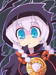  1girl bad_id bad_pixiv_id blue_eyes braid chain cloak curse_maker curse_maker_2 forest hair_between_eyes hair_tie looking_at_viewer lowres medallion minami_juujisei nature oekaki outdoors parted_lips portrait purple_cloak purple_energy purple_hair sekaiju_no_meikyuu sekaiju_no_meikyuu_1 solo teeth torn_cloak torn_clothes twin_braids 