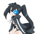  bikini_top black_hair black_rock_shooter black_rock_shooter_(character) blue_eyes coat glowing glowing_eyes long_hair midriff shorts simple_background solo twintails uneven_twintails youri19 