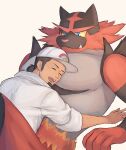  1boy :d baseball_cap blue_eyes brown_hair closed_eyes colored_sclera commentary_request facial_hair fang fang_out furry goatee hair_bun happy hat hierotubas highres hug incineroar kukui_(pokemon) labcoat male_focus open_mouth pokemon pokemon_(game) pokemon_sm short_hair sleeves_rolled_up smile teeth tongue white_headwear yellow_sclera 