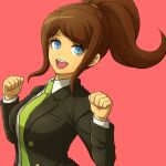  1girl :d asahina_aoi bangs black_jacket blue_eyes breasts brown_hair clenched_hands collared_shirt commentary_request dangan_ronpa_(series) dangan_ronpa_3_(anime) green_neckwear gunjo_dusk hair_ornament hands_up jacket large_breasts long_hair long_sleeves looking_at_viewer lowres necktie open_mouth ponytail red_background shirt simple_background smile solo upper_teeth white_shirt 