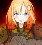  1girl armor artificialdyslexia bangs blonde_hair blue_eyes doom_(series) full_armor green_armor highres hololive hololive_english looking_at_viewer praetor_suit red_background short_hair smile solo teeth upper_body watson_amelia 