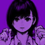  1girl absurdres black_eyes black_hair collared_shirt earphones earphones hands_up highres holding holding_earphones looking_at_viewer monochrome original parted_lips purple_background purple_theme shirt short_hair simple_background solo yoshi_mi_yoshi 