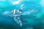  day gen_2_pokemon highres legendary_pokemon lugia no_humans outdoors partially_submerged pecohophop pokemon pokemon_(creature) ripples signature solo swimming toes water 