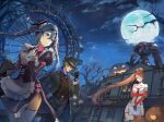  1boy 2girls cat clouds formal frown glasses glowing glowing_eyes gun halloween halloween_costume joanna_(smc) mecha monocle moon multiple_girls night night_sky ning_(smc) nurse official_art pipe_in_mouth ponytail pumpkin raven_(smc) rifle rom_(smc) silk sky spider_web suit super_mecha_champions tree twintails weapon 