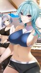  blue_eyes blue_hair breasts eula_lawrence genshin_impact gym gym_uniform gymnastics highres huge_breasts indoors large_breasts leotard looking_at_viewer multicolored multicolored_eyes multiple_girls noelle_(genshin_impact) short_hair shorts smile spiz sweat thighs 