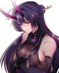  1girl bare_shoulders breasts closed_mouth collarbone crossed_arms glasses hair_bun hair_ornament hair_stick honkai_(series) honkai_impact_3rd horns large_breasts long_hair looking_at_viewer negom oni_horns pink_eyes purple_hair raiden_mei raiden_mei_(herrscher_of_thunder) semi-rimless_eyewear simple_background smile solo under-rim_eyewear upper_body white_background 