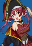  1990s_(style) 1girl absurdres ascot bangs black_jacket blue_background blush bodystocking breasts covered_navel hat head_tilt heterochromia highres hololive houshou_marine jacket looking_at_viewer medium_breasts nui_inu off_shoulder open_mouth pirate_hat red_eyes red_neckwear redhead retro_artstyle smile solo twintails virtual_youtuber yellow_eyes 