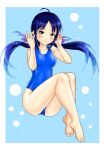  1girl bare_legs blue_background blue_hair blue_swimsuit blush breasts bubble_background collarbone eyebrows forehead full_body green_eyes kantai_collection kudou_(ooabareteng) long_hair looking_at_viewer low_twintails one-piece_swimsuit ribbon small_breasts solo suzukaze_(kancolle) swimsuit twintails 