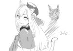  1girl :p animal_ears bangs blunt_bangs blush cat_ears cat_girl cat_tail commentary_request eyebrows_visible_through_hair fate_(series) from_side fur_collar grey_background greyscale grin hair_ornament hat long_hair long_sleeves looking_at_viewer lord_el-melloi_ii_case_files monochrome reines_el-melloi_archisorte satou_usuzuku simple_background sketch smile solo tail tongue tongue_out upper_body 