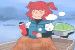  1girl adapted_costume artist_name blanket blue_background boat breath closed_eyes contemporary dated floral_print hair_bobbles hair_ornament holding holding_thermos life_vest onikobe_rin onozuka_komachi redhead shirt short_hair sitting smile solo thermos touhou two_side_up watercraft white_shirt 