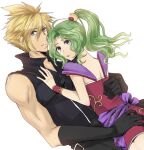  1boy 1girl blonde_hair blue_eyes bracelet cloud_strife crossover dissidia_final_fantasy dress ff_iraira final_fantasy final_fantasy_vi final_fantasy_vii gloves green_hair hand_on_another&#039;s_ass hand_on_another&#039;s_back hand_on_another&#039;s_chest hug jewelry looking_at_viewer pantyhose ponytail short_dress sleeveless_sweater spiky_hair square_enix tina_branford violet_eyes 